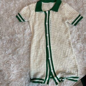 Women’s swimsuit Cream Knit Button cover up with Green Trim